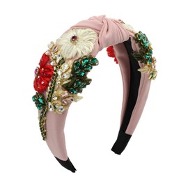 Florate Knotted Crystal Flower Headband for Women Embroidered Rhinestone Floral Luxury Pearl Bead Wide Vintage Hairband Hair Accessories (H1137-pink)