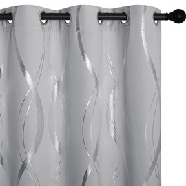 NICETOWN Kitchen Blackout Curtain Panels, Silver Grey, Set of 2, 34 by 54 Inch, Window Treatment Thermal Insulated Solid Grommet Blackout Wave Line Foil Print Design Curtains for Kitchen, Cafe, Loft
