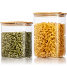 Extra Large Square Glass Flour & Sugar Storage Containers with Airtight Lids, 132oz & 63oz - 2 Pack Glass Jars with Bamboo Lids, Air tight Pantry Food Storage Containers for Cereal, Pasta, Rice