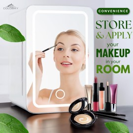 COLDBAY Skincare Fridge with Mirror Door, LED Light, Cool and Warm Makeup Vanity Refrigerator for cosmetic, drinks, compact Design for Bedroom Bathroom, Dorm, AC Cord, DC Adapter for car