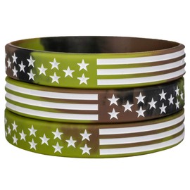Sainstone Military Silicone Bracelets with American Flag, Rubber Camouflage Army Wristbands in Army Green & Forest Camo for Men Women for American Patriots, Army and Sport Fans (Standard 8")