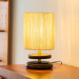 Monikessy Boho Rattan Table Lamp Rustic Wood Bedside Lamp with Handmade Woven Shade Vintage Natural Decorative Nightstand Lamp for Bedroom Living Room Desk Kids Room, Dia5.9 x H12