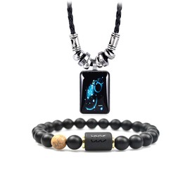 Aquarius Constellation Zodiac Beaded Bracelet for Women Men Natural Stone Crystal Dog Tag Pendant Necklace Birthday Gift Constellations Jewelry Set