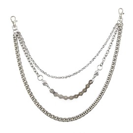 Rockyu Men's Wallet Chain, Silver, Stainless Steel, Triple Chain, Biker Chain, Motif, Desk Car Style, Long Wallet Accessory, Silver