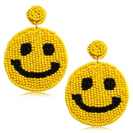 HZEYN Beaded Smile Earrings Statement Beaded Drop Earrings Cute Happy Face Dangle Fun Earrings Summer Jewelry Gift, beads, No Gemstone