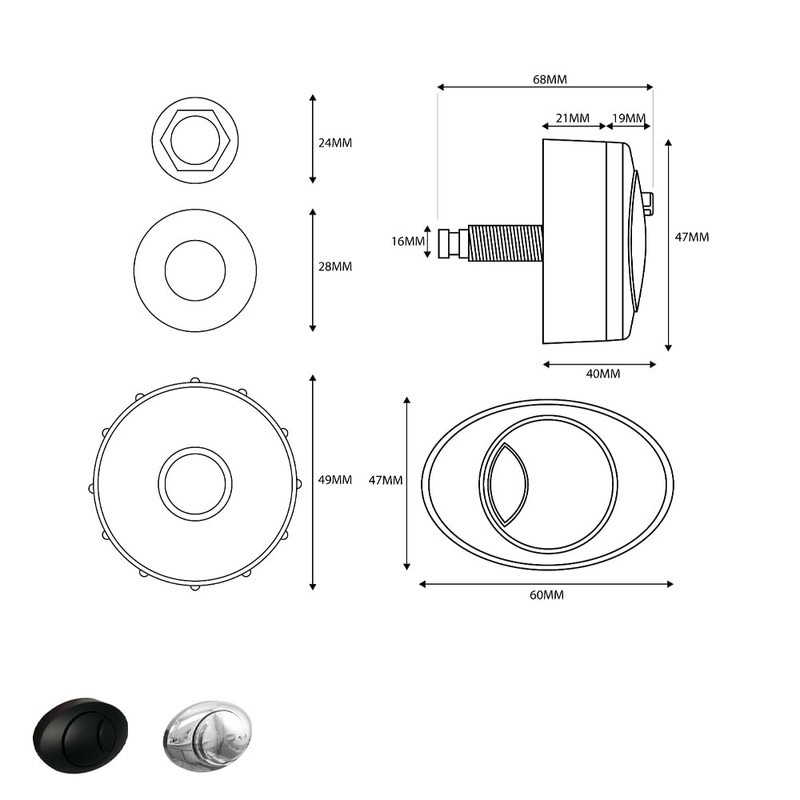 Black Noir Oval Dual Flush Push Button Replacement for Cable