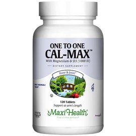 Maxi Health 500 mg Calcium Supplement with Vitamin D3 (1000 IU) and Magnesium (500 mg) - Bone, Teeth and Joint Support for Men and Women - 120 Tablets - One to One Cal-Max