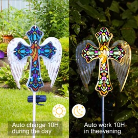 YJFWAL Solar Glass Cross Garden Stake Light, Cemetery Decorations for Grave Outdoor Lights, Jesus Cross Angel Wings Sympathy Memorial Gifts, for Easter Halloween Garden Lawn Yard Patio Decor