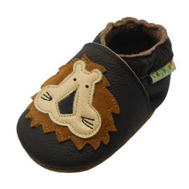 SAYOYO Leather Baby Moccasins for Boys and Girls, Soft Sole Infant Toddler Prewalker Shoes, Slip-on First Walking Slippers, 21/22 (12-18 Months) L, Dark Brown Lion
