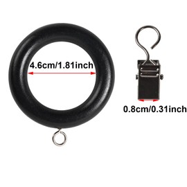 Wood Curtain Rings with Clips,12 Pieces 2.75 Inch Wooden Drapery Curtain Rod Rings for 1.7 inch Rod Pole Farmhouse Drapery Clips,Natural Beech Wood(Black, 1.81 INCH Inner Dia)