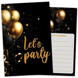 VIVORA Let's Party Birthday Invitation Card for Girls Boys, Simple Black and Gold Birthday Party Invites, 30 Cards & 30 Envelopes, 4x6 Inches, Double-Sided