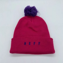 Neff Unisex Cuffed Winter Hat with Pom Warm Solid Pink Neff Logo One Size