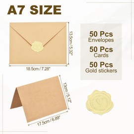 PATIKIL 50Pack Light Brown 5x7 Envelopes with Cards, V Flap A7 Envelopes with Cardstock & Gold Stickers for Greeting Cards Wedding Greeting Birthday Invitations Letter Mailing
