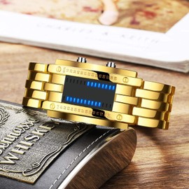 PASOY Binary Blue LED Digital Watch Mens Classic Creative Fashion Square Black Plated Women Date Wrist Watches (Black)