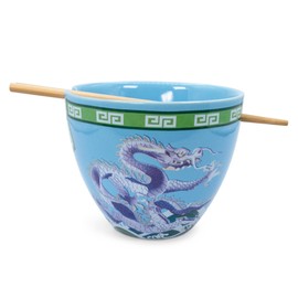 Bowl Bop Blue Dragons Japanese Ceramic Dinnerware Set | Includes 16-Ounce Ramen Noodle Bowl and Wooden Chopsticks | Asian Food Dish Set For Home & Kitchen | Kawaii Anime Gifts and Collectibles