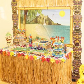 gvivej Hawaii Table Skirts, Hawaii Party Decoration with Multicoloured Flowers, 275 x 60 cm, Gold