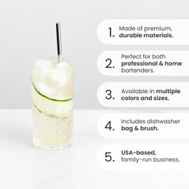 A Bar Above Stainless Steel Cocktail Straws – Metal Straws Reusable Set w/Dishwasher Safe Bag & Straw Cleaner – Reusable Straws for Drinking & Stirring – Stylish Bar Accessories (6 Pieces)