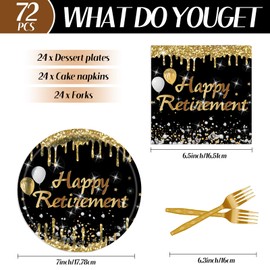 72PCS Happy Retirement Plates Set, Retirement Party Plates with Napkins Forks Black Gold Dessert Plate Tableware Disposable Party Supplies