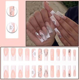 Gifiky Long French False Nails Square Press on Nails Nude Daisy Nails Tips Full Cover Butterfly Fake Nails for Women and Girls 24Pcs