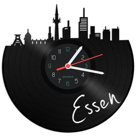 GRAVURZEILE Vinyl Record Clock - Skyline Essen - Wall Clock Made of Cast Vinyl with City Skyline 30 cm - Upcycling Design Clock Wall Decoration Vintage Clock Wall Decoration Retro Clock - Made in