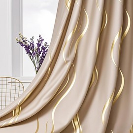 MYRU 1 Pair Khaki Blackout Curtains for Bedroom, Luxury Striped Curtains for Living Room(Khaki and Gold, 2 Panels 54 x 84 Inch)