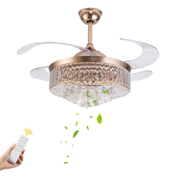 42" Crystal Chandelier Invisible Ceiling Fan Light Lamp 3-Color LED