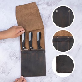 Cast Leather Co., Knife Case with 3 Slots, Knife Organizer, Rustic Storage for Kitchen Utensils, Full Grain Leather, Handmade, Bourbon Brown