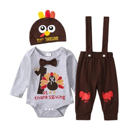 Tinypainter Baby Boy Thanksgiving/Christmas Outfit Turkey/Santa Romper+Suspender Pants My 1st Thanksgiving Clothes