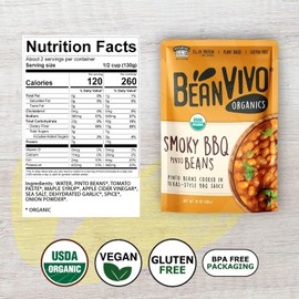 BeanVIVO (Pack of 12) Organics 15g Plant based Protein BBQ Pinto Beans - Good Source of Fiber - Nutritious & Microwave Meals - Gluten-Free Plant Food - 10 oz