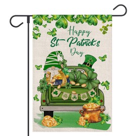 OPULANE Happy St Patricks Day Garden Flag 12x18 Inch Double Sided Lucky Clovers Shamrocks Gnome Truck Outside Small Flag for Yard Outdoor Holiday Decoration