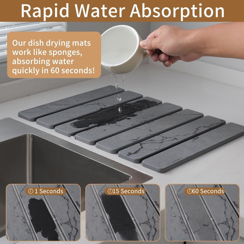 Foldable Diatomite Dish Drying Mat for Kitchen Counter, Gray Marble
