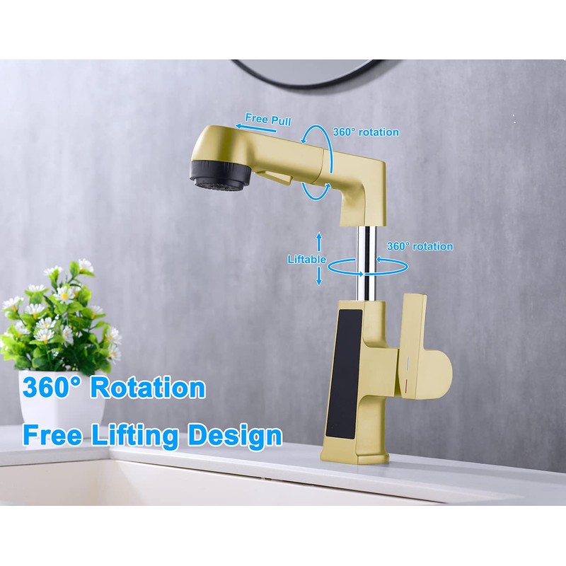 Qeemee LED Bathroom Faucet with Pull Out Sprayer, Grey Temperature