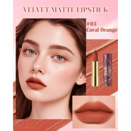 Coral Orange Velvet Matte Lipstick, Waterproof Long Wear Lipstick for Women, High Pigmented Non-Stick Lip Tint Stain, Smudge-Proof Lightweight, Cream Smooth Lipgloss Lip Stick Mother's Day Makeup-03