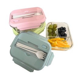 THY COLLECTIBLES Set of 3 36 OZ Glass Lunch Storage Containers with Lids and Utensils, Microwave Safe, Leak Proof, Freezer to Oven Safe for Meal Prep, Leftovers, Cooking, Bento Box (3 Compartments)