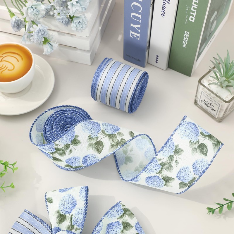 AnyDesign Hydrangea Flower Wired Edge Ribbon Blue Floral Stripe Craft