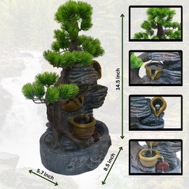 18-Inch Tabletop Water Fountain with Bonsai Tree, Cascading Pots, and Spinning Water Wheel – Indoor Zen Decorative Fountain with USB Connection for Home or Office