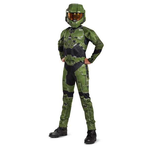 Halo Infinite Master Chief Costume, Kids Size Video Game Inspired Character Jumpsuit, Classic Child Size XL (14-16), Green & Black