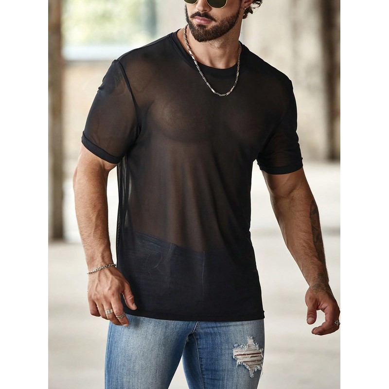 OYOANGLE Men's Sheer Mesh Short Sleeve Round Neck T Shirts