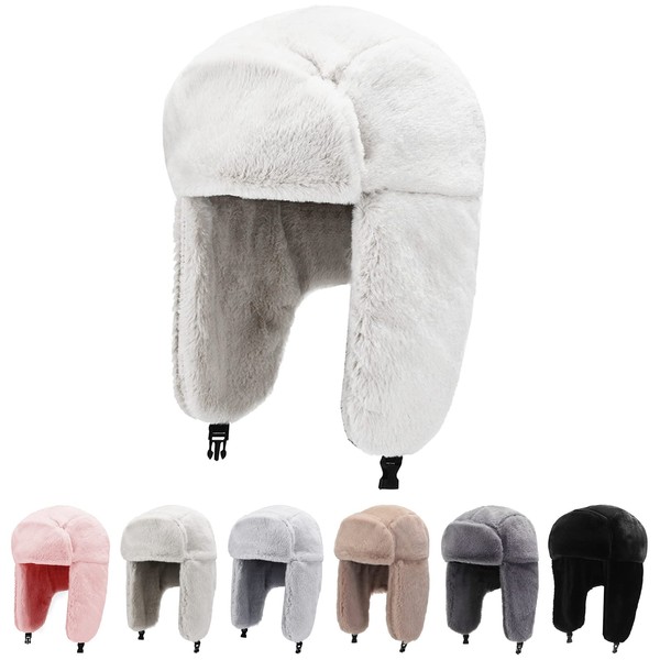 Peicees Winter Hats for Men Womens Winter Hats Ushanka Trapper Hat with Earflaps Warmer for Adult Boys Girls White