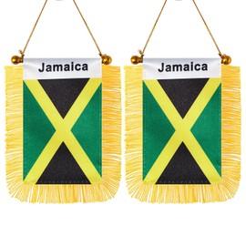 CANTENDO 2 Pack Jamaica Window Hanging Flag,Mini Jamaican Car Flag with Pole Tassel Suction Cup Rearview Mirror Decoration(3x5 Inch)