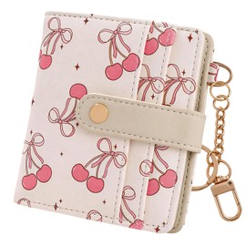COOKOOKY Cherry Bowknot Wallet Women, Rfid Blocking Womens Wallet with Credit Card Holder, PU Leather Bifold Cash Zipper Coin Pocket ID Window for Women Teen Girls