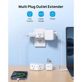 TROND Outlet Extender 3 Pack - Multi Plug Wall Outlet, 3-Prong Grounded Outlet Splitter, 3 Way Outlet Wall Adapter, Cruise Ship Essentials, Outlet Expander for Travel Home Office Dorm Room, White