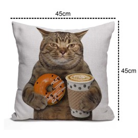 Tomda Cushion Cover The Cat Holds a Cup of Coffee and Orange Glazed Donut Cotton Linen Square Throw Pillow Case Standard Pillowcase for Men Women Home Decorative Sofa Armchair Livingroom 45x45cm