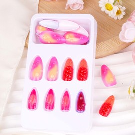 24Pcs Summer Press On Nails Short Almond Pink Acrylic Nail Kit 3d Wave Charms Nail Art Fake Nails Press Ons Glue On Nails Full Cover False Nails For Women