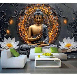 FENDROM Sitting Golden Buddha Tapestry Wall Hanging Buddhist Statue Tapestries White Lotus Meditation Wall Decor Zen Art Psychedelic Indian Wall Blanket for Bedroom Living Room Home Decor