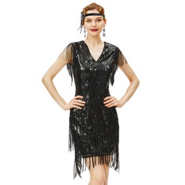 BABEYOND 1920s Flapper Dress Long Fringed Gatsby Dress Roaring 20s Sequins Beaded Dress Vintage Art Deco Dress Black