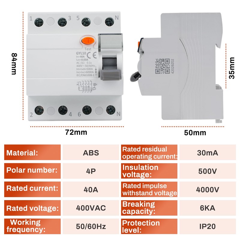 DEWIN GYL10 FI Circuit Breaker 40A 30mA 4-Pin RCCB Residual