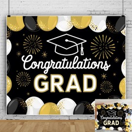 10x8ft Class of 2025 Graduation Backdrop Black and Gold Congrats Grad Backdrop Backdrops for Photography Congratulations Graduates Background College Prom Decorations for Party Photo Booth Props