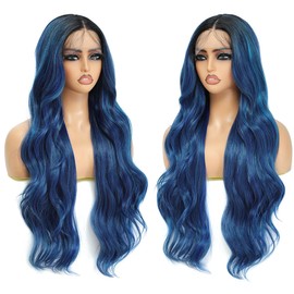 X-TRESS 28 inch Blue HD Lace Front Wigs for Black Women Cool Blue Long Curly Lace part Wig Synthetic Heat Resistant Fibre Hair Wigs with Pre Plucked Baby Hair(Blue)
