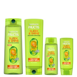 Garnier Fructis Sleek & Shine Full + Travel Size Shampoo (12.5 & 3 Fl Oz) + Conditioner (12 & 3 Fl Oz) Set for Frizzy, Dry Hair, Plant Keratin + Argan Oil (4 Items), 1 Kit (Packaging May Vary)